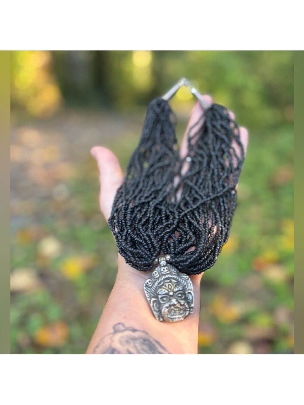 VINTAGE Silver Tone Mahakala God Pendant & Black Seed Bead Necklace Unisex